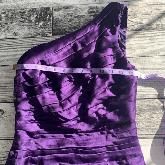 Theia One Shoulder Purple 100% Silk Ruched Rosette 3D Appliqué Cocktail Dress - Picture 12 of 16